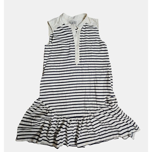 Sea New York Striped Ruffle Hem Sleeveless Dress Collared Womens XS White Blue - Picture 1 of 8